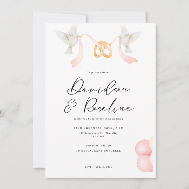 Invitation Modèle de mariage élégant avec anneau et colombe (Devant)