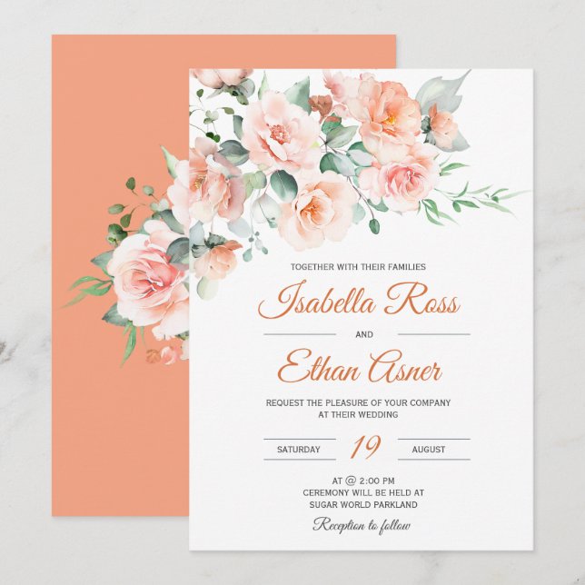 Invitation Modèle de mariage moderne pêche clair (Devant / Derrière)