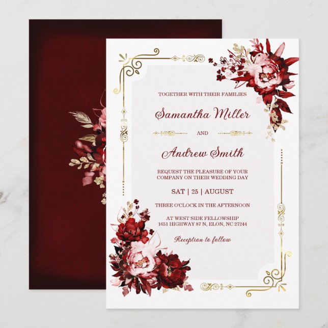 Invitation Modèle de mariage modifiable bordeaux et or (Devant / Derrière)