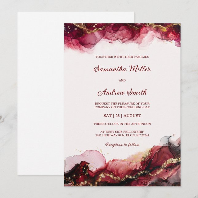 Invitation Modèle de mariage modifiable bordeaux et or (Devant / Derrière)