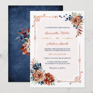 Invitation Modèle de mariage or bleu marine et orange brûlé