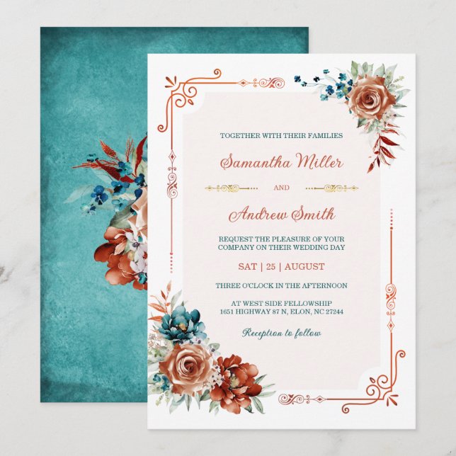 Invitation Modèle de mariage or sarcelle et orange brûlé (Devant / Derrière)