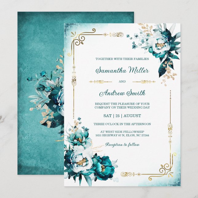 Invitation Modèle de mariage sarcelle et or (Devant / Derrière)