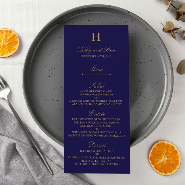 Invitation Modèle de menu de mariage bleu marine et or élégan (Créateur téléchargé)