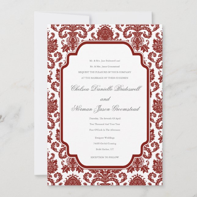 Invitation Modèle de motif de Damas Mariage rouge grange (Devant)