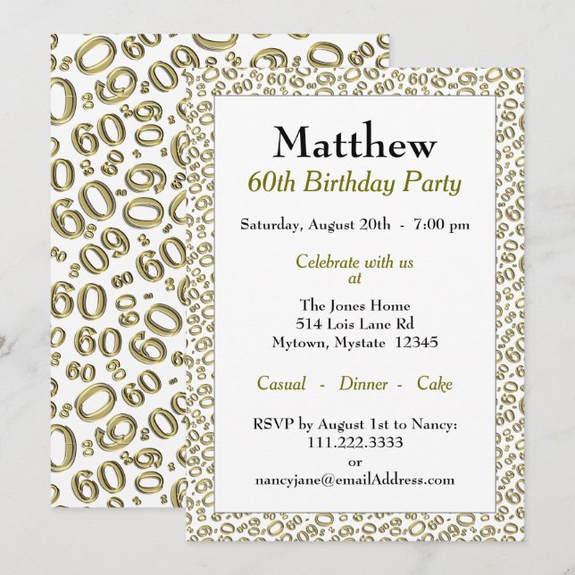 Invitation Modèle de nombre aléatoire 60 Or/Blanc 60ème (Devant / Derrière)