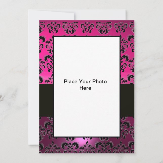 INVITATION MODELE DE PHOTO DAMASK ROSE FUCHSIA NOIR (Devant)