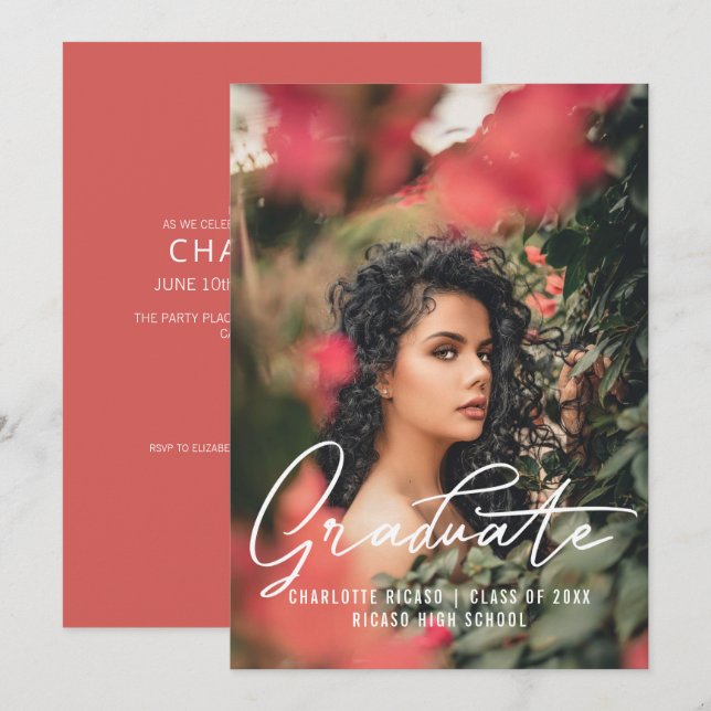 Invitation Modèle de photo de diplômé Rose Personnalisé (Devant / Derrière)
