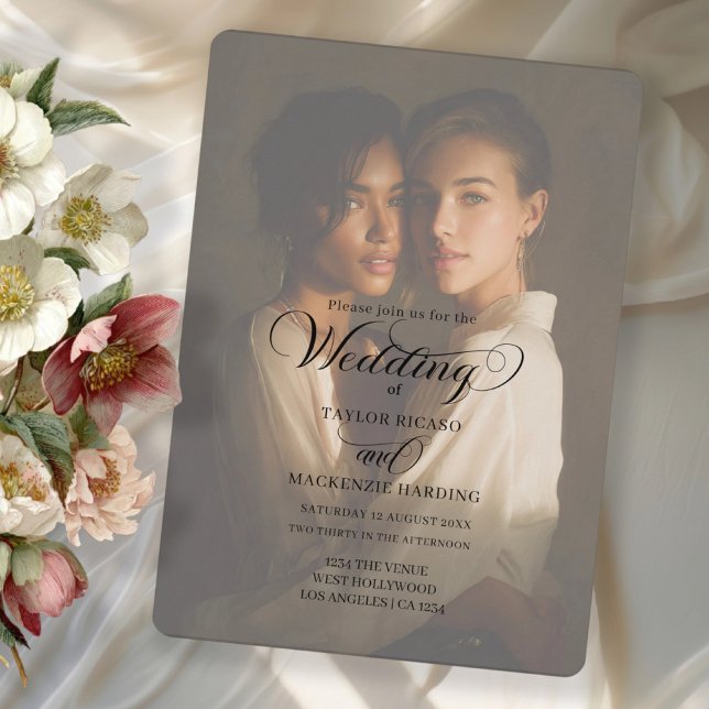 Invitation Modèle de photo de mariage pour deux mariées (Two Brides Wedding Photo Template invitation with elegant typography by Ricaso. Add photo and text)