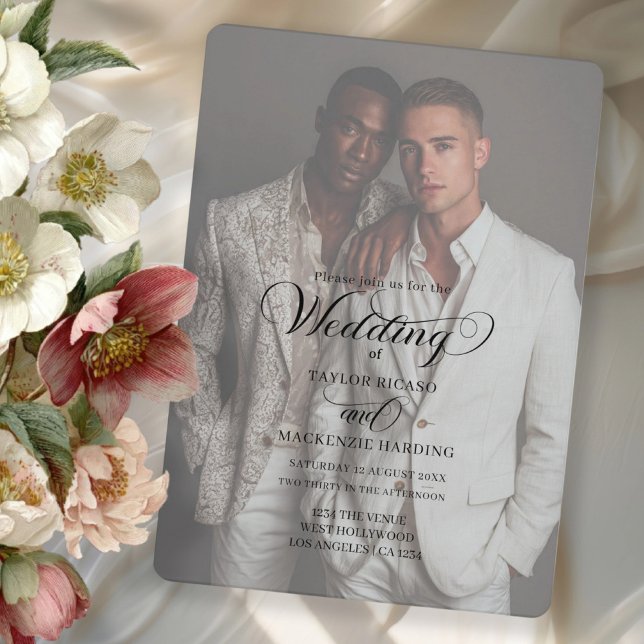 Invitation Modèle de photo de mariage pour deux mariés (Gay wedding two grooms invitation with elegant typography by Ricaso. Add photo and text)
