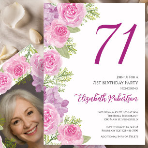 Invitation Modèle de photo personnalisé Roses roses 71e anniv
