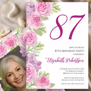 Invitation Modèle de photo personnalisé Roses roses 87e anniv