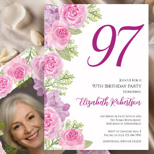 Invitation Modèle de photo personnalisé Roses roses 97e anniv