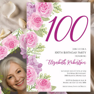 Invitation Modèle de photo personnalisé Roses roses pour 100e