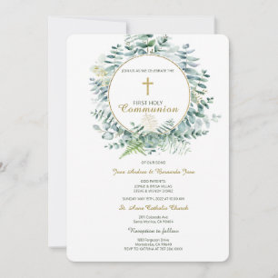 Invitation Modèle de première communion jumeaux avec verdure
