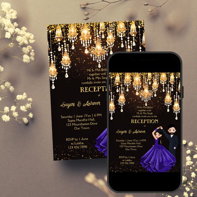 Invitation Modèle de réception chic couple indien (Dancing Indian couple chic wedding reception template invitation digital download gold glitter)