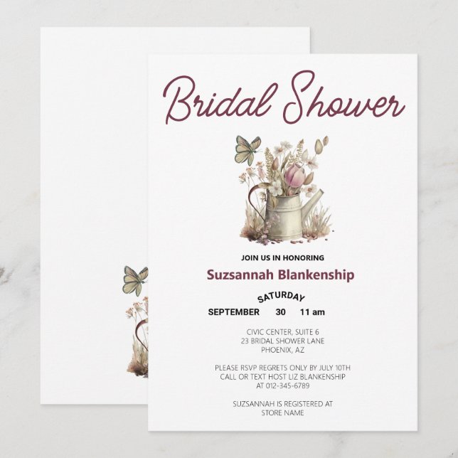 Invitation Modèle de Réception de Mariage Arrosoir & Papillon (Devant / Derrière)