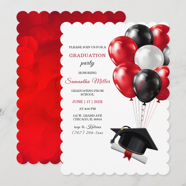 Invitation Modèle de remise de diplômes Rouge et Noir (Devant / Derrière)