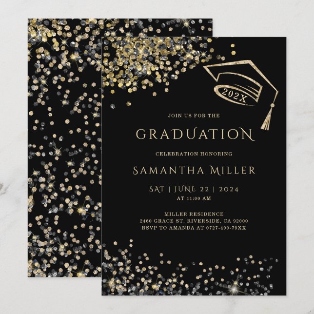Invitation Modèle de remise des diplômes Noir et Or (Devant / Derrière)