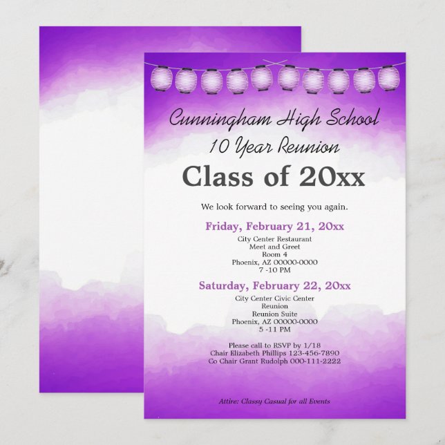 Invitation Modèle de réunion de classe aquarelle violette (Devant / Derrière)