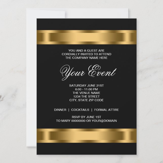 Invitation Modèle de soirée d'entreprise Black Gold Black Tie (Devant)
