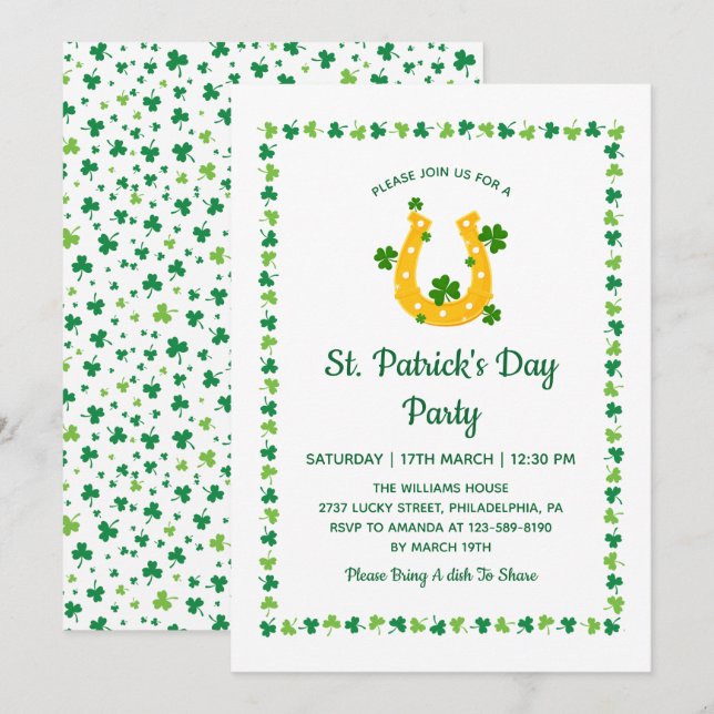 Invitation Modèle de trèfle de fer à cheval doré Saint-Patric (Devant / Derrière)
