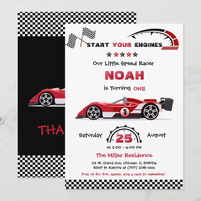 Invitation Modèle de voiture de course rouge modifiable (Devant / Derrière)