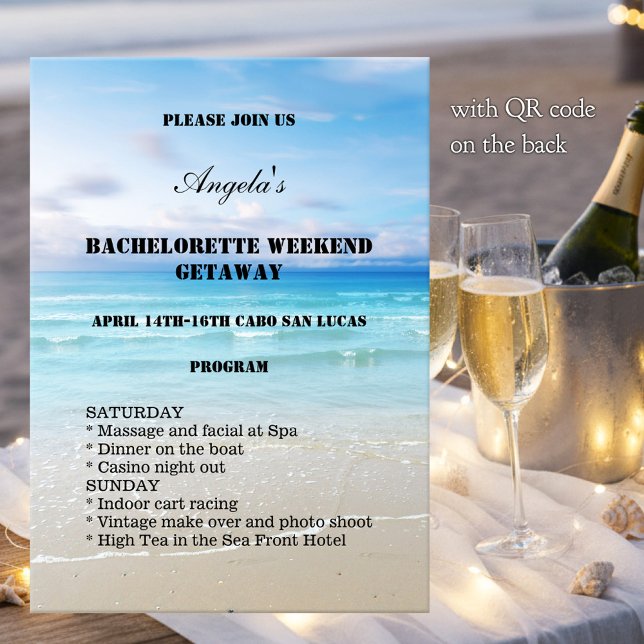 Invitation modèle de week-end plage pour enterreme (Bachelorette weekend getaway invitation program template with a colorful painting of a beach)