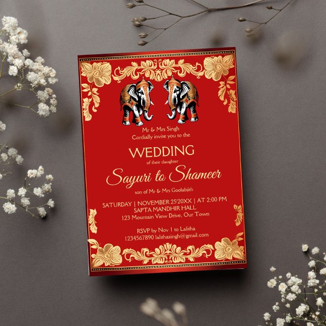 Invitation Modèle d'éléphants mariages indiens rouges et doré (Red and gold Indian wedding ornate elephants editable template invitation instant digital download)