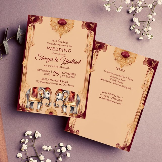 Invitation Modèle d'éléphants mariages maroon beige indien (Maroon beige Indian wedding ornate elephants vintage decor art border  template invitation digital)