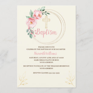 Invitation Modèle d'invitation au baptême, florale rose vif