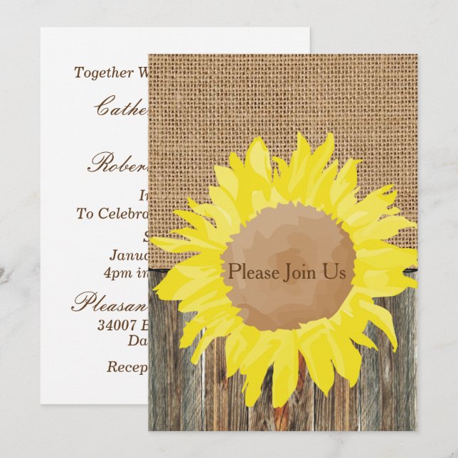 Invitation Modèle d'invitation Burlap Barnwood et Sunflower (Devant / Derrière)