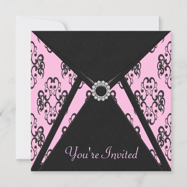 Invitation Modèle d'invitation damassé rose et noir pour tout (Devant)