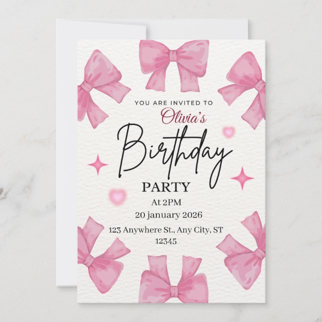 Invitation Modèle d'invitation d'anniversaire avec un joli nœ (Devant)