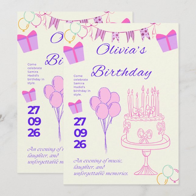 Invitation Modèle d'invitation d'anniversaire élégant (Devant / Derrière)