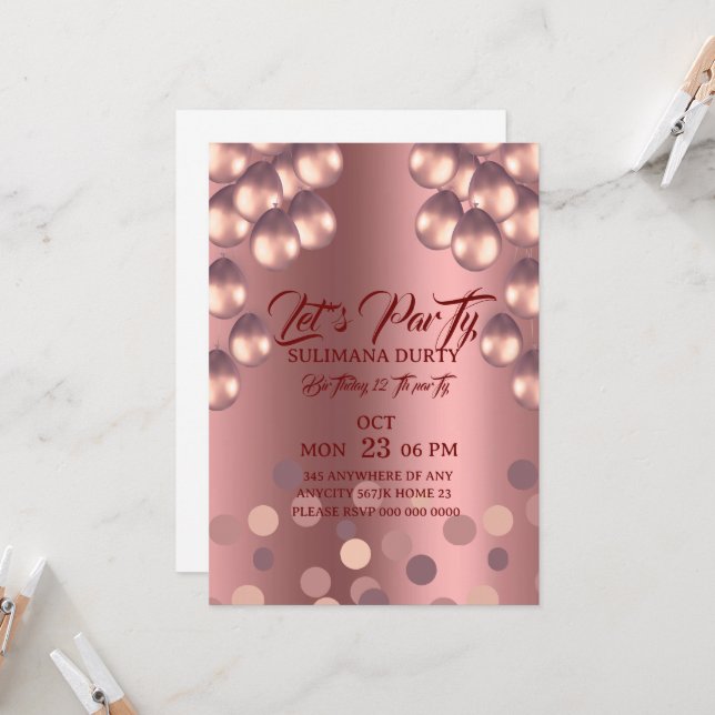 Invitation Modèle d'invitation d'anniversaire en or rose : Sé (Devant/Arrière en situation)