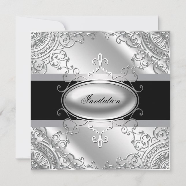 Invitation Modèle d'invitation de fête élégant noir et argent (Devant)