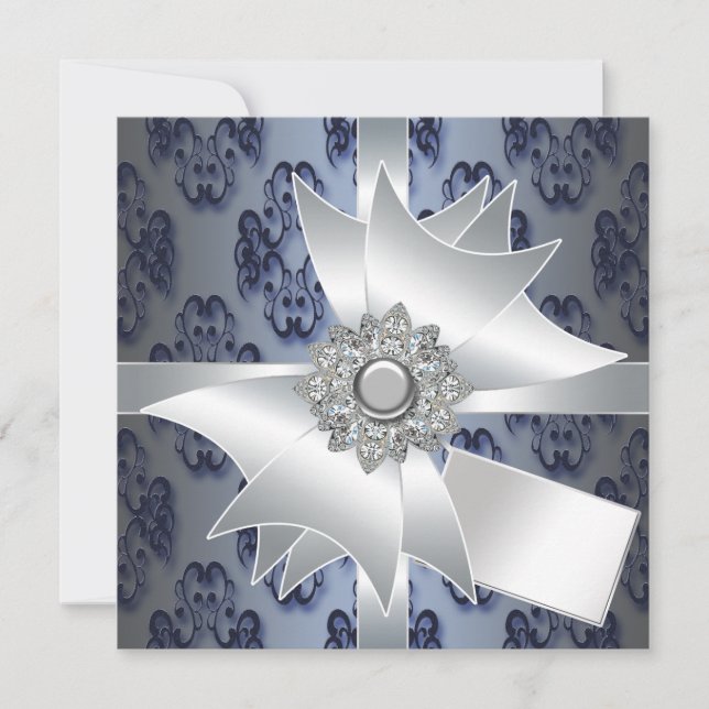 Invitation Modèle d'invitation de fête en damas bleu marine (Devant)