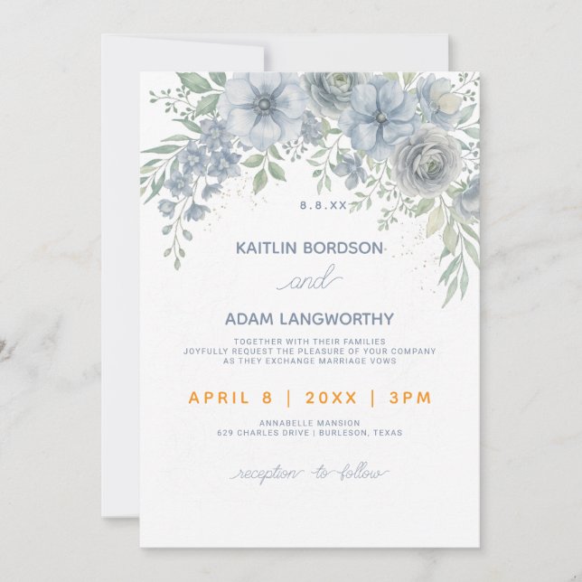 Invitation Modèle d'invitation de mariage à fleurs bleues dou (Devant)
