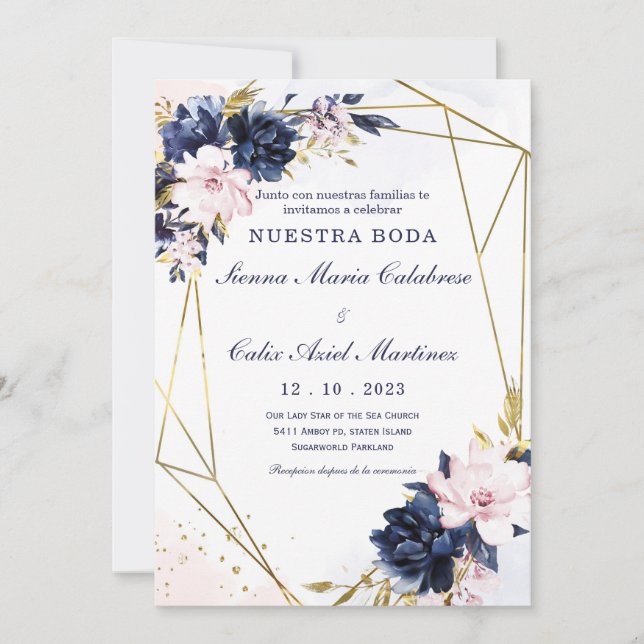Invitation Modèle d'invitation de mariage bleu roi et blush (Devant)
