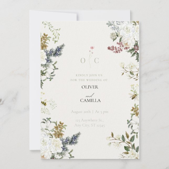 Invitation Modèle d'invitation de mariage botanique à fleurs  (Devant)
