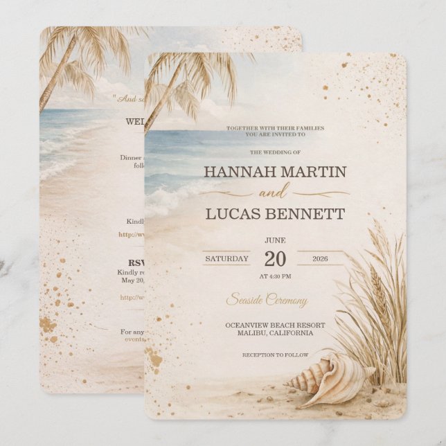 Invitation Modèle d'invitation de mariage de luxe sur la plag (Devant / Derrière)