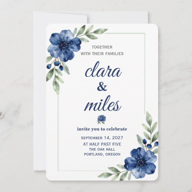 Invitation Modèle d'invitation de mariage floral aquarelle bl (Devant)