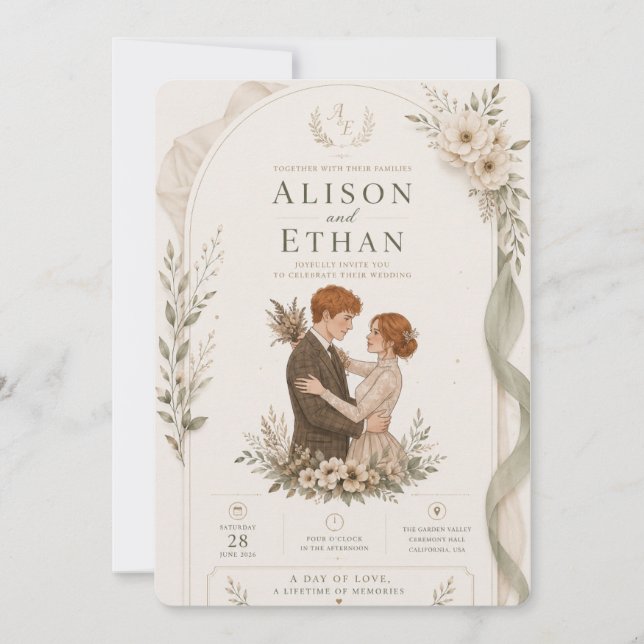 Invitation Modèle d'invitation de mariage floral élégant (Devant)