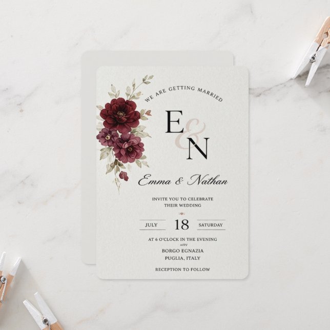 Invitation Modèle d'invitation de mariage floral minimal (Devant/Arrière en situation)