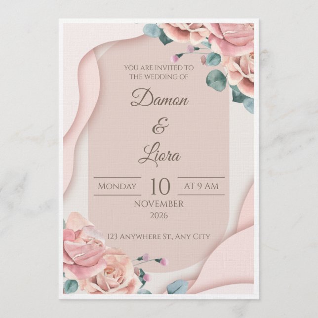 Invitation Modèle d'invitation de mariage floral rose élégant (Devant)