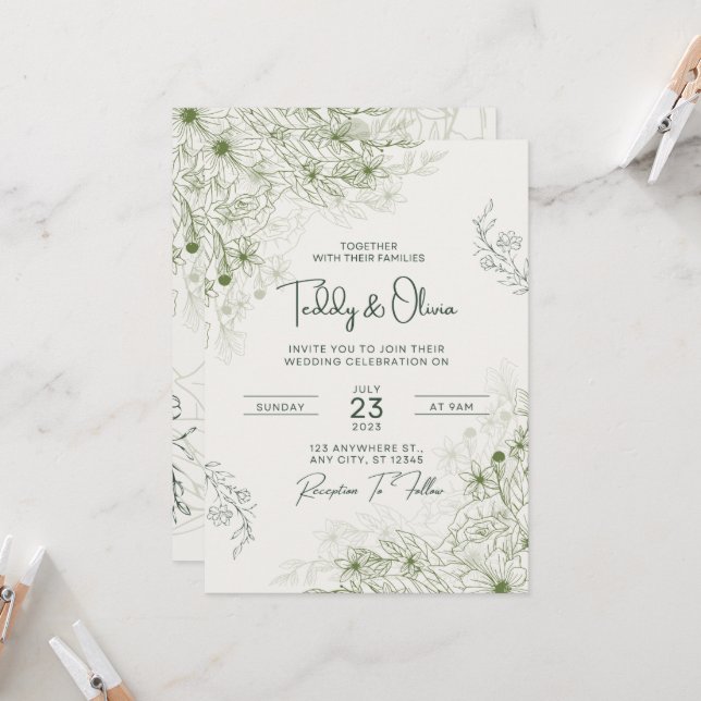 Invitation Modèle d'invitation de mariage floral vert élégant (Devant/Arrière en situation)