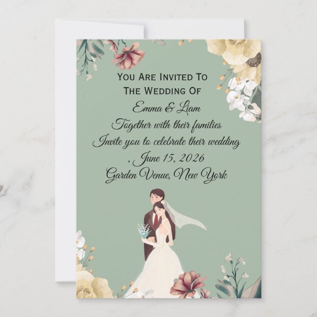 Invitation Modèle d'invitation de mariage floral vert sauge é (Devant)