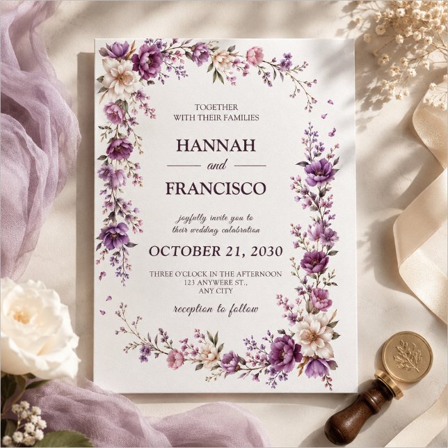 Invitation Modèle d'invitation de mariage floral violet éléga (Créateur téléchargé)