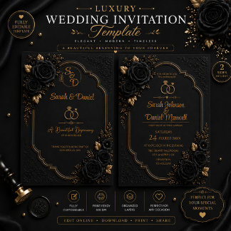 Invitation Modèle d'invitation de mariage luxe noir or 3D